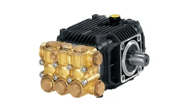 High-pressure pump featuring brass valves and a robust design for efficient fluid transfer and pressure generation.