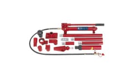 Hydraulic jack set with various attachments including pumps, hoses, and connectors for lifting and support tasks.