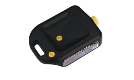 Black oil drain pan featuring a yellow cap, designed for efficient oil collection and disposal, suitable for automotive maintenance.