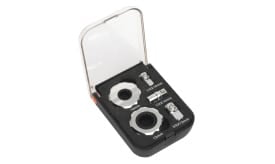A socket set featuring two sockets of 10mm and 13mm, along with additional accessories, all housed in a compact plastic case.