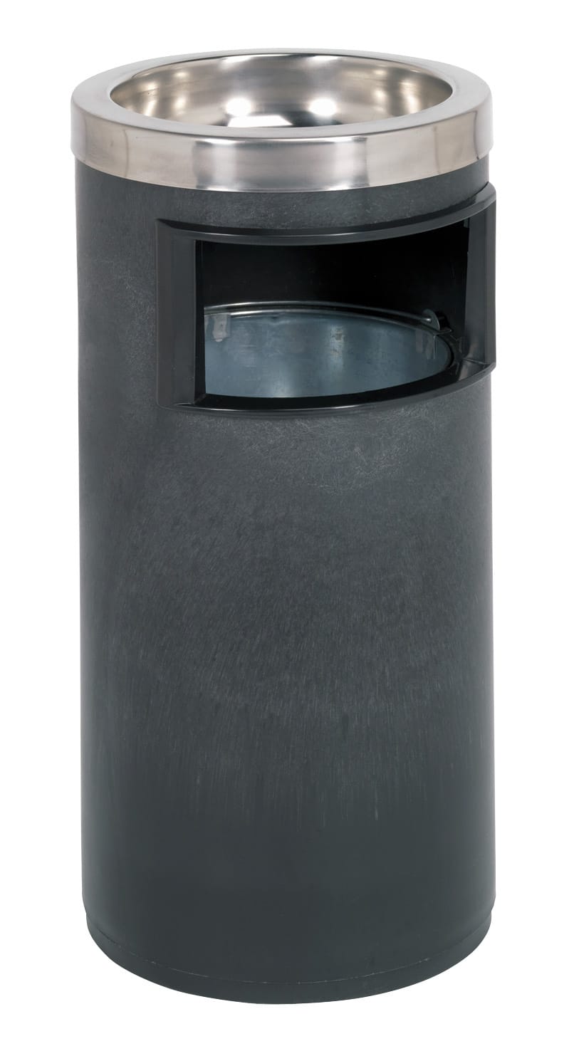 Contemporary cylindrical outdoor waste bin featuring a stainless steel top and a side opening for easy disposal of rubbish.