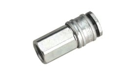 Metal quick coupler with threaded ends for secure connections in plumbing and hydraulic applications, featuring durable construction.