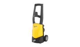 Compact high-pressure washer in yellow and black, featuring a sturdy handle and wheels for easy mobility, ideal for cleaning tasks.