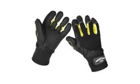 Durable black and yellow work gloves designed for enhanced grip and flexibility, suitable for various tasks and environments.