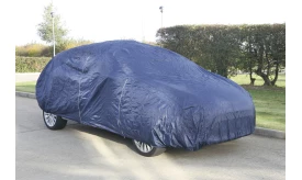 Navy blue car cover protecting a vehicle from the elements, designed for outdoor use, ensuring vehicle safety and longevity.