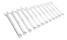 A complete set of chrome spanners arranged in order, showcasing various sizes and a polished finish for durability and performance.