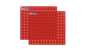 Set of two red perforated panels by Sealey, featuring square holes for tool storage and organisation, ideal for workshops and garages.