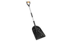 Heavy-duty garden shovel with a black plastic scoop and a sturdy metal handle, ideal for digging and moving soil.