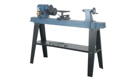 Woodworking lathe machine with adjustable features and sturdy base for precision woodturning tasks.