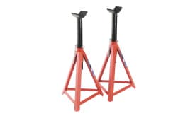 Heavy-duty car jack stands with a robust design for vehicle support, featuring a triangular base and adjustable height for safety.
