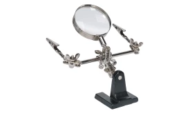 Adjustable helping hands magnifier tool with metal clips and glass lens for precision work and soldering tasks.