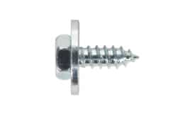 Metal hex head screw with a washer, featuring a threaded shaft and a shiny finish, suitable for various fastening applications.