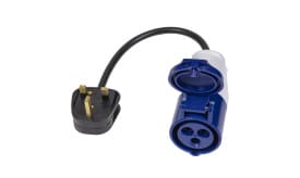 3-pin plug to socket adapter with a black plug and blue socket, designed for electrical connections.