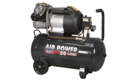Sealey 50 litre air compressor with a powerful motor, suitable for various applications, featuring a robust tank and wheels for mobility.