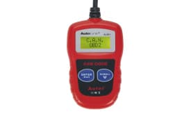 Autel AutoLink AL301 OBD2 scanner with display showing C.A.N. and OBD2 functions, red casing and buttons for vehicle diagnostics.