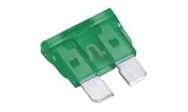 15 Amp green automotive fuse with metal terminals for electrical circuit protection in vehicles.