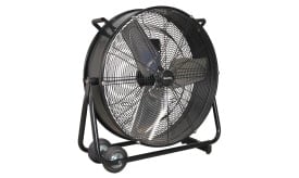Sealey industrial floor fan with metal frame and three blades, designed for high airflow and durability in various environments.