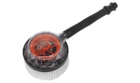 Rotating cleaning brush with transparent cover and orange gears, designed for effective scrubbing and cleaning tasks.