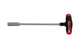 T-handle socket wrench with a red and black grip, designed for easy torque application and precision in mechanical tasks.