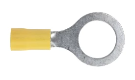 Metal ring terminal with yellow insulation for electrical connections, suitable for various wiring applications.