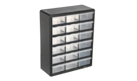 Multi-drawer storage unit featuring 16 clear plastic bins for organisation and storage of small items, ideal for home or office use.