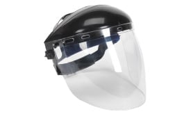 Black safety face shield featuring a clear visor, designed for protection in various environments and applications.