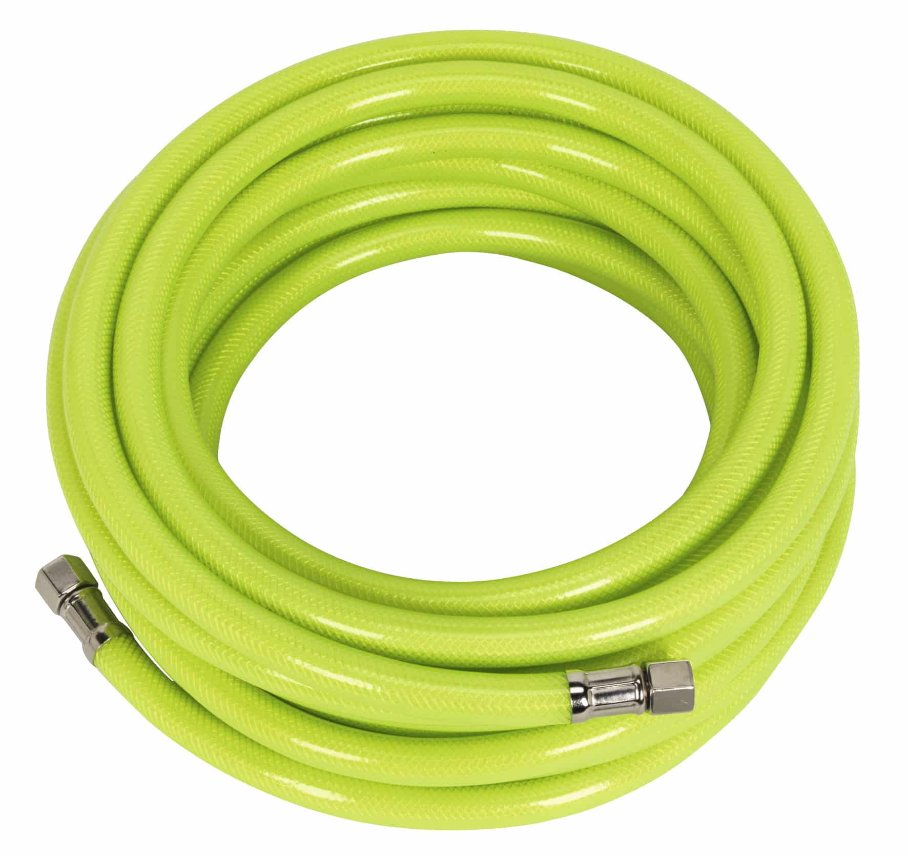 Bright green garden hose, 30 metres long, durable and flexible with metal connectors for easy attachment to taps and watering equipment.