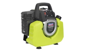 Sealey 1000W inverter generator in bright green casing, featuring a control panel and handle for portability, model 1-1001.