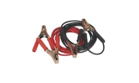 Heavy-duty jump leads featuring red and black cables with sturdy clamps for vehicle battery connections.