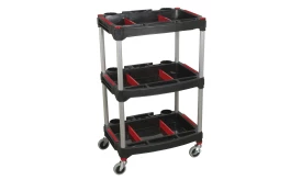 Three-tier utility trolley with wheels, featuring black and red trays for storage and organisation, suitable for various tasks.