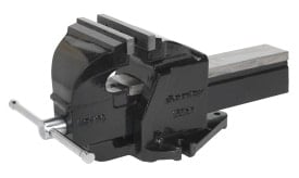 Heavy-duty workshop vice with robust jaws and a sturdy base, ideal for securing materials during woodworking or metalworking tasks.