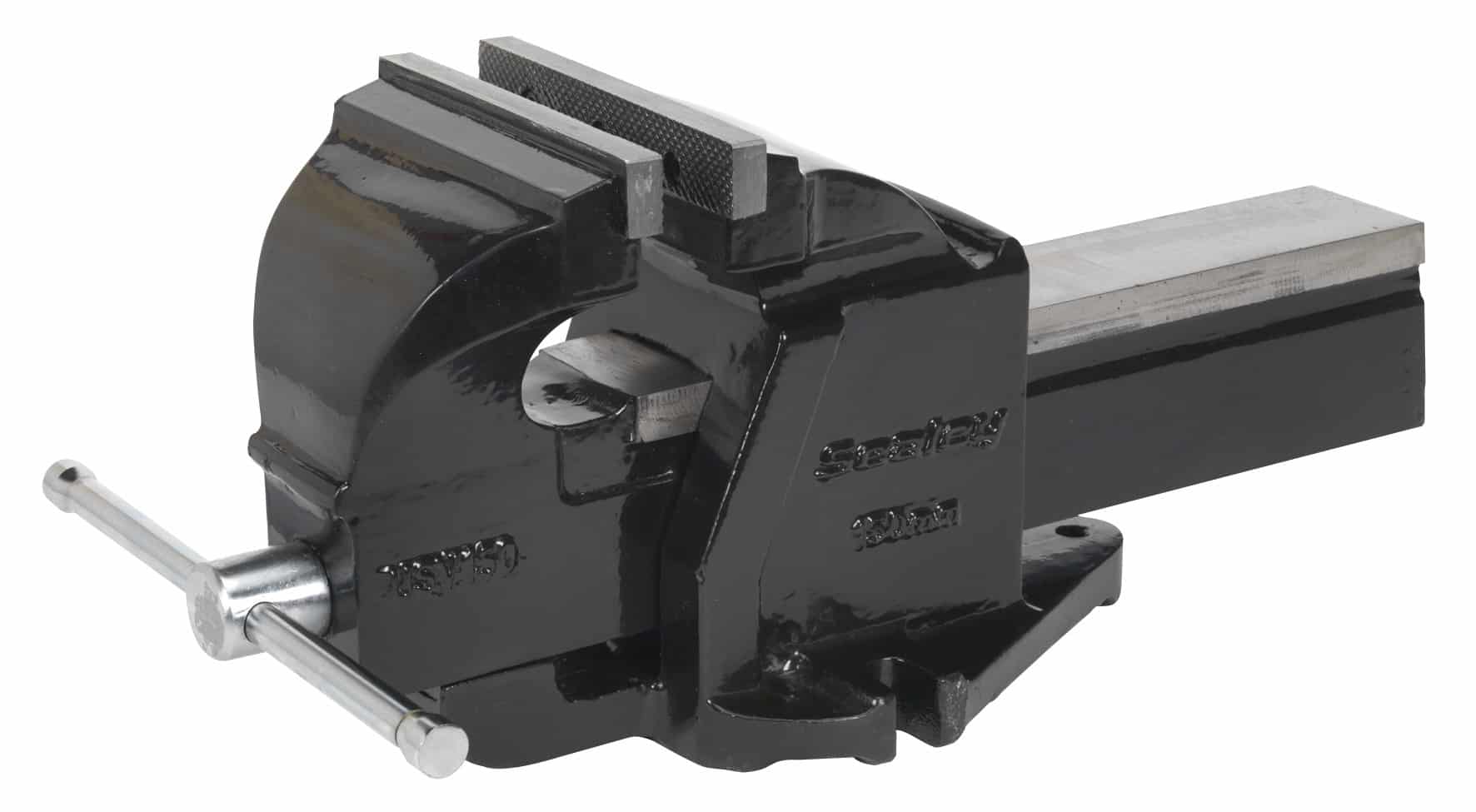 Heavy-duty workshop vice with robust jaws and a sturdy base, ideal for securing materials during woodworking or metalworking tasks.