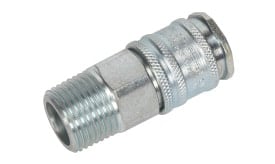 Metallic threaded pipe connector with hexagonal nut and ribbed grip for secure fastening, suitable for plumbing and industrial applications.