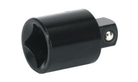 Black socket adapter with a 3/8 inch drive and hexagonal opening for various socket sizes, ideal for automotive and mechanical tasks.