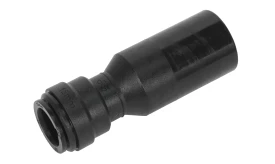 15mm black plastic pipe connector for plumbing applications, featuring a secure fitting mechanism for reliable connections.