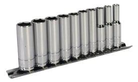 10-piece chrome socket set arranged on a metal rail, featuring various sizes for versatile use in automotive and mechanical tasks.