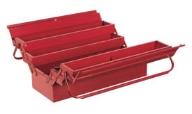 Red metal tool box featuring multiple trays for organised storage of tools and equipment, ideal for DIY enthusiasts and professionals.