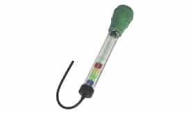 Digital soil moisture meter with a green handle and clear tube, featuring colour-coded moisture level indicators for easy reading.