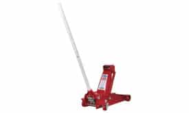 Red hydraulic floor jack with a long handle, designed for lifting heavy vehicles and equipment safely and efficiently.