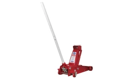 Red hydraulic floor jack with a long handle, designed for lifting heavy vehicles and equipment safely and efficiently.