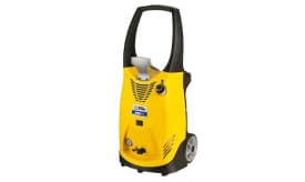 Compact yellow pressure washer with wheels and adjustable nozzle for efficient cleaning tasks in various settings.