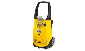 Compact yellow pressure washer with wheels and adjustable nozzle for efficient cleaning tasks in various settings.