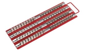 Metal tool organiser with multiple rows of metal clips on a red base, ideal for storing and organising tools efficiently.