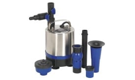 Submersible water pump featuring multiple attachments for versatile applications, including hoses and connectors, in a metallic and blue design.