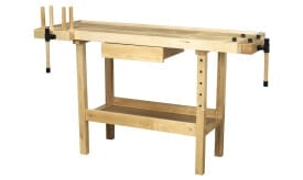 Sturdy wooden workbench featuring adjustable clamps, a storage drawer, and a solid frame, ideal for woodworking and DIY projects.