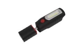 Rechargeable LED work light featuring a magnetic base and a bright light strip, ideal for hands-free illumination in various settings.