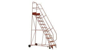 Metal rolling access ladder featuring a platform, designed for easy access to elevated areas, with sturdy construction and wheels for mobility.