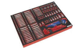 Comprehensive tool set featuring various sockets, wrenches, and accessories arranged in a red and black organiser tray for easy access.