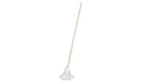 Classic cotton mop featuring a wooden handle, ideal for effective cleaning and maintenance of floors and surfaces.
