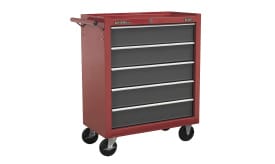 Sealey red tool storage trolley with five drawers and wheels, designed for easy mobility and organisation of tools and equipment.